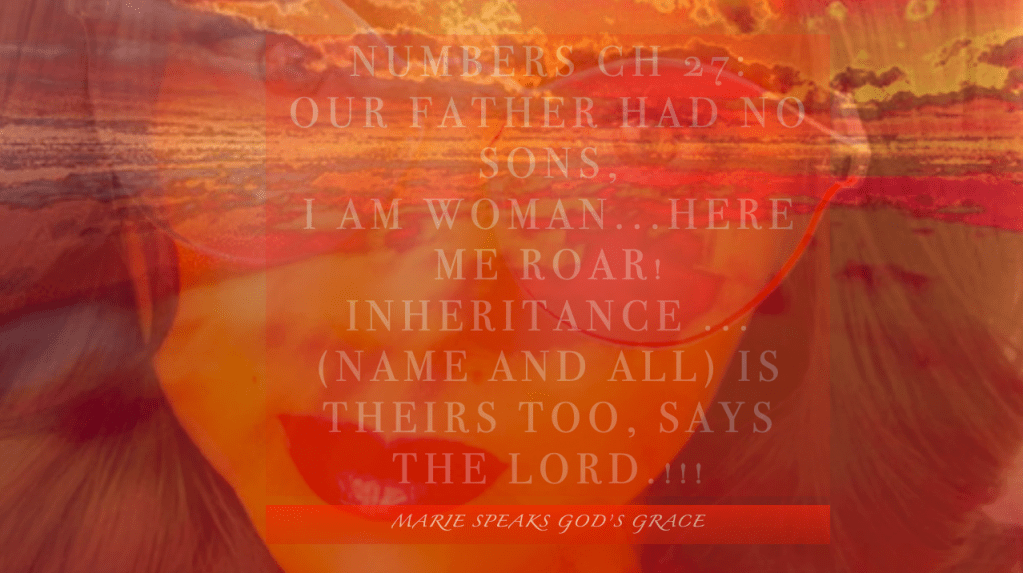 Numbers chapter 27: Our Father had no sons, I AM Woman here me ROAR!!! Inheritance, (Name and All) is Theirs too; says the&nbsp;LORD!!