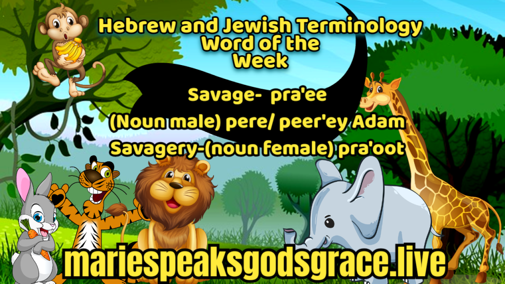 Hebrew And Jewish Terminology Word Of The Week: Savage- pra’ee (noun male) pere/ peer’ey adam       Savagery (noun female)&nbsp;pra’oot